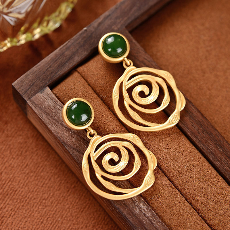 Sterling Silver Needle Jasper Gold Plated Retro Artistic Personality Thread Earring Pendant For Ladies