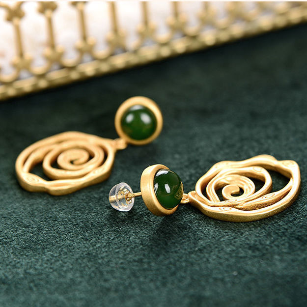Sterling Silver Needle Jasper Gold Plated Retro Artistic Personality Thread Earring Pendant For Ladies