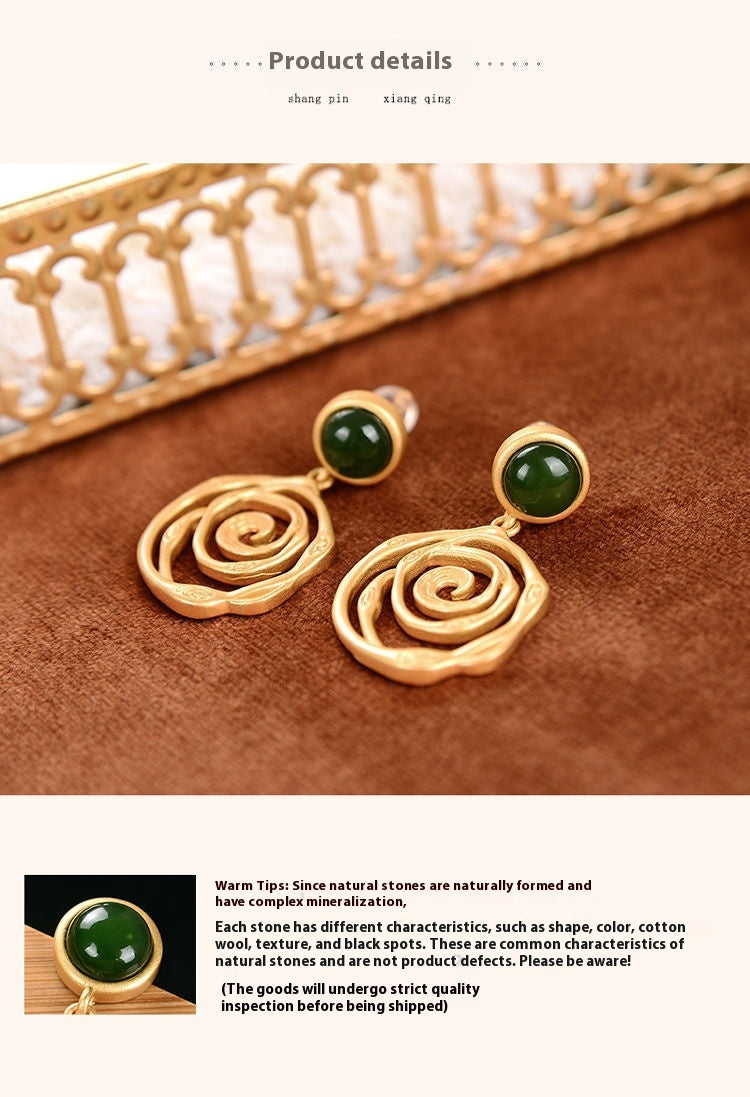 Sterling Silver Needle Jasper Gold Plated Retro Artistic Personality Thread Earring Pendant For Ladies