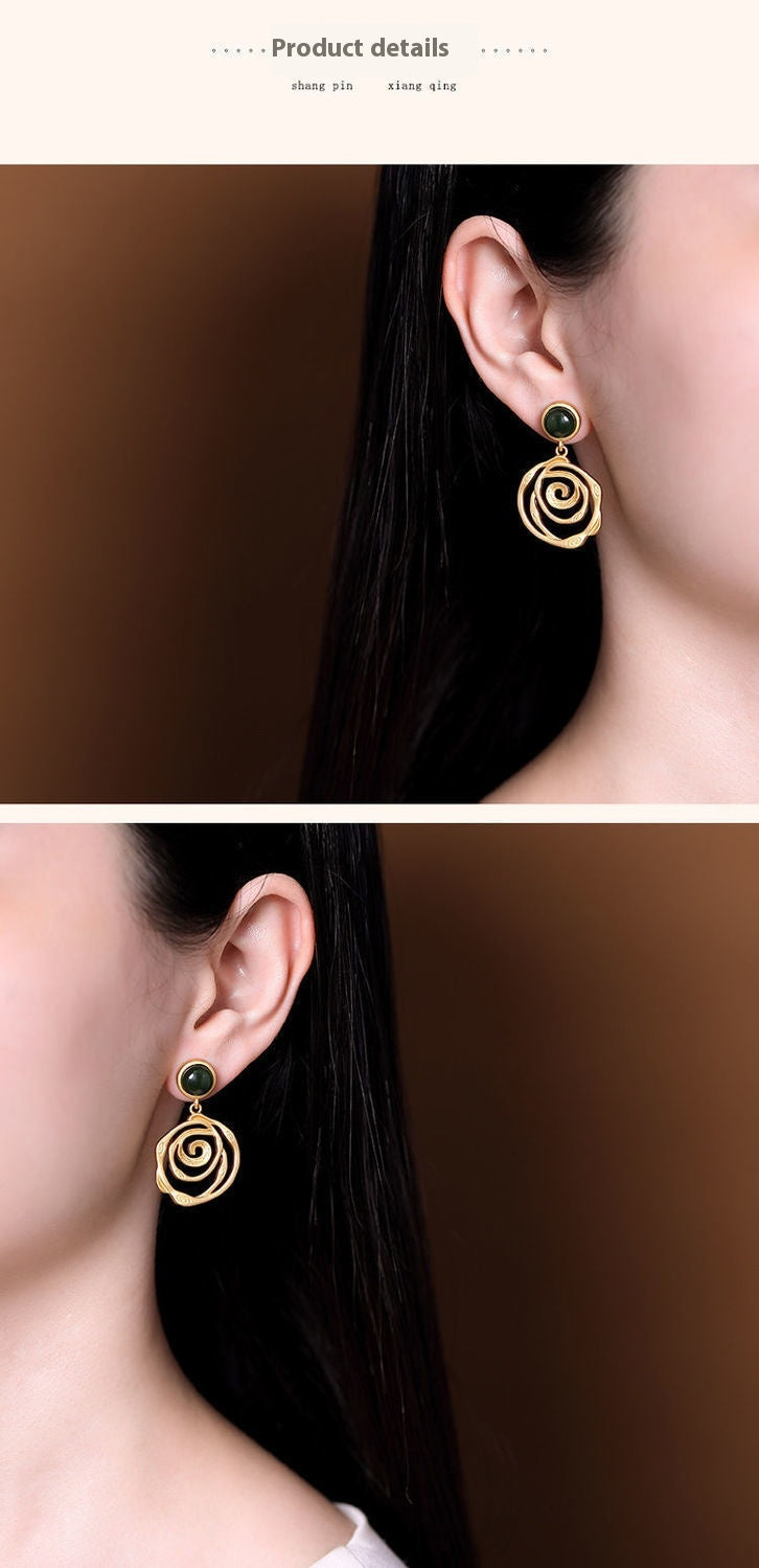 Sterling Silver Needle Jasper Gold Plated Retro Artistic Personality Thread Earring Pendant For Ladies