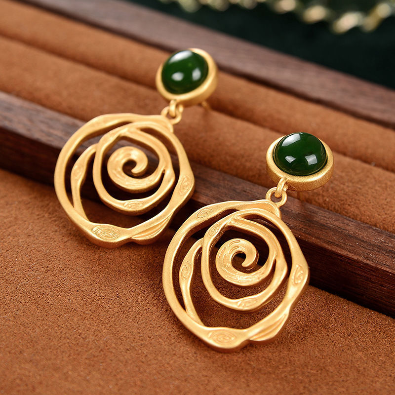 Sterling Silver Needle Jasper Gold Plated Retro Artistic Personality Thread Earring Pendant For Ladies