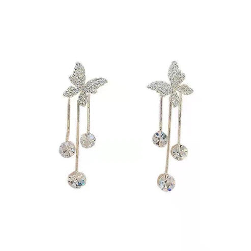 Fashion Jewelry Shiny Butterfly Rhinestone Drop Dangle Earrings Women Elegant Long Pearl Tassel Chain Pendant Party Jewelry